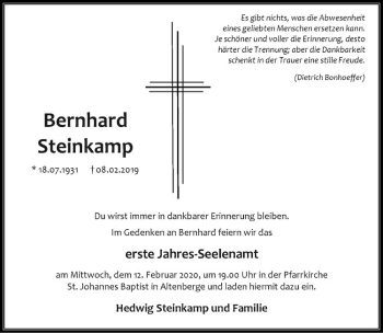 Anzeige von Bernhard Steinkamp von Westfälische Nachrichten