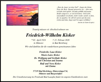 Anzeige von Friedrich-Wilhelm Kisker von Westfälische Nachrichten