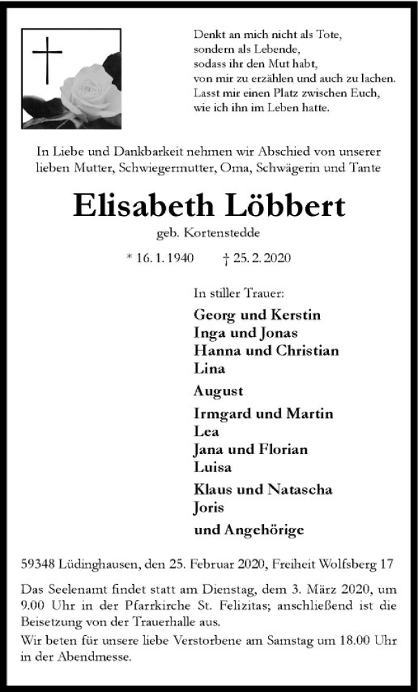  Traueranzeige für Elisabeth Löbbert vom 28.02.2020 aus Westfälische Nachrichten