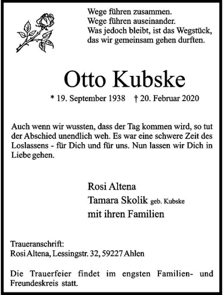  Traueranzeige für Otto Kubske vom 22.02.2020 aus Westfälische Nachrichten
