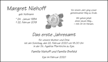 Anzeige von Margret Niehoff von Westfälische Nachrichten
