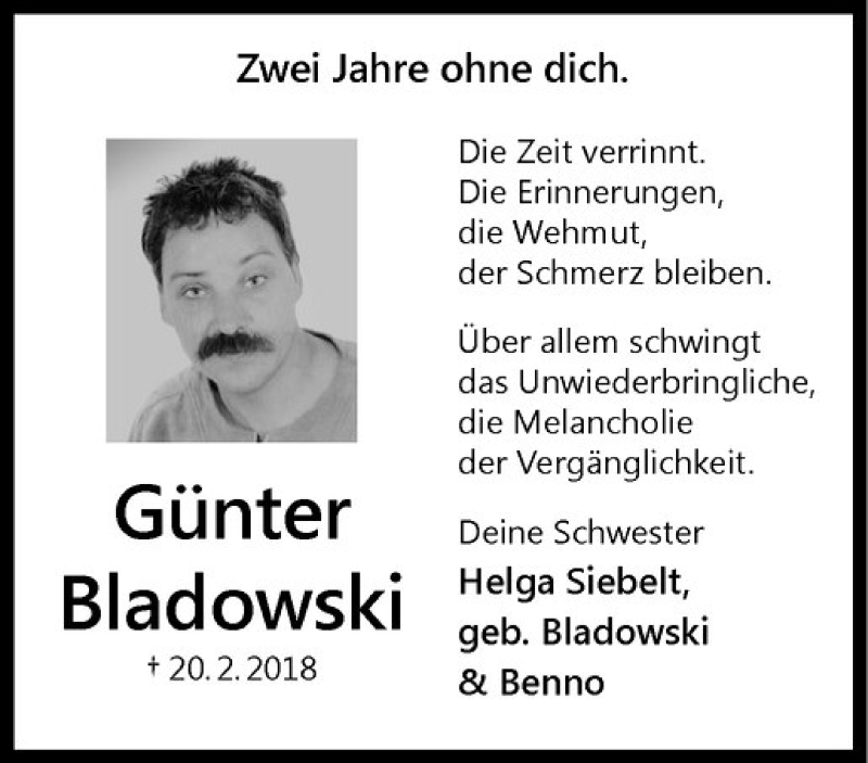  Traueranzeige für Günter Bladowski vom 20.02.2020 aus Westfälische Nachrichten