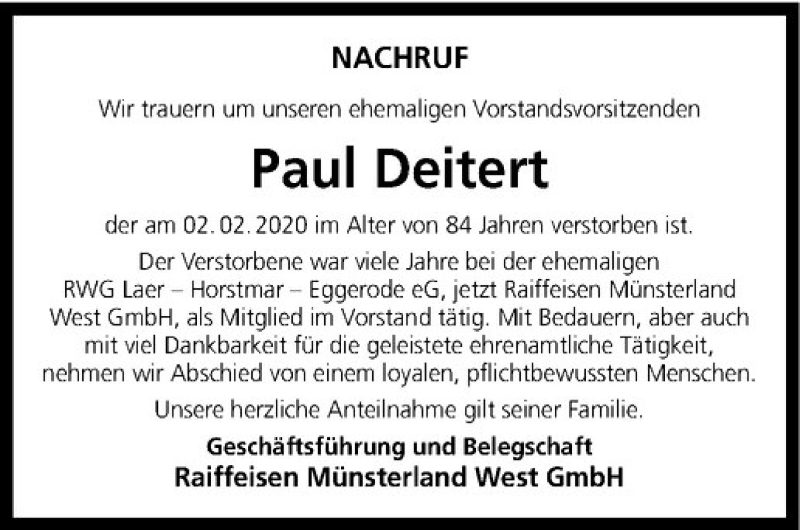  Traueranzeige für Paul Deitert vom 14.02.2020 aus Westfälische Nachrichten