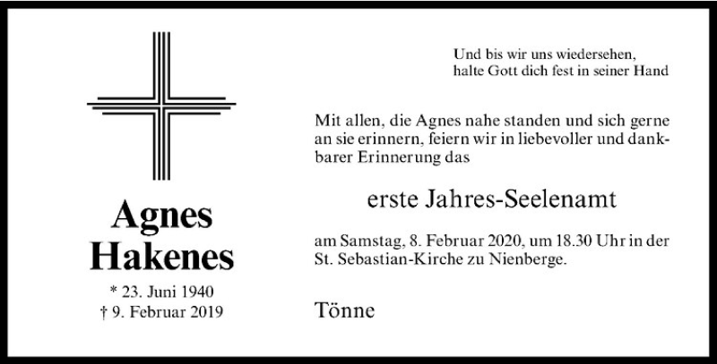  Traueranzeige für Agnes Hakenes vom 01.02.2020 aus Westfälische Nachrichten