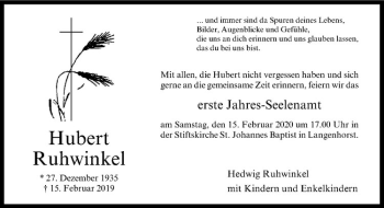 Anzeige von Hubert Ruhwinkel von Westfälische Nachrichten
