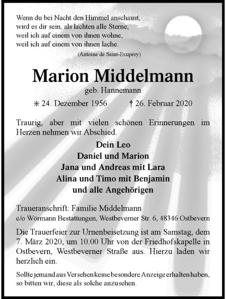  Traueranzeige für Marion Middelmann vom 29.02.2020 aus Westfälische Nachrichten