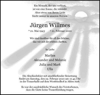 Anzeige von Jürgen Willmes von Westfälische Nachrichten