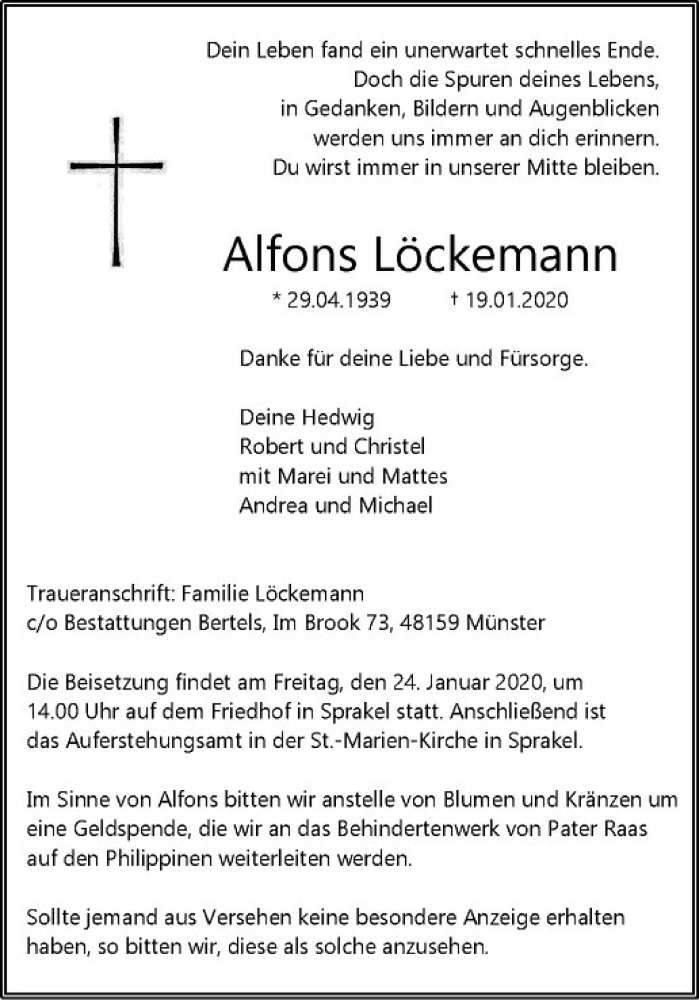  Traueranzeige für Alfons Löckemann vom 22.01.2020 aus Westfälische Nachrichten