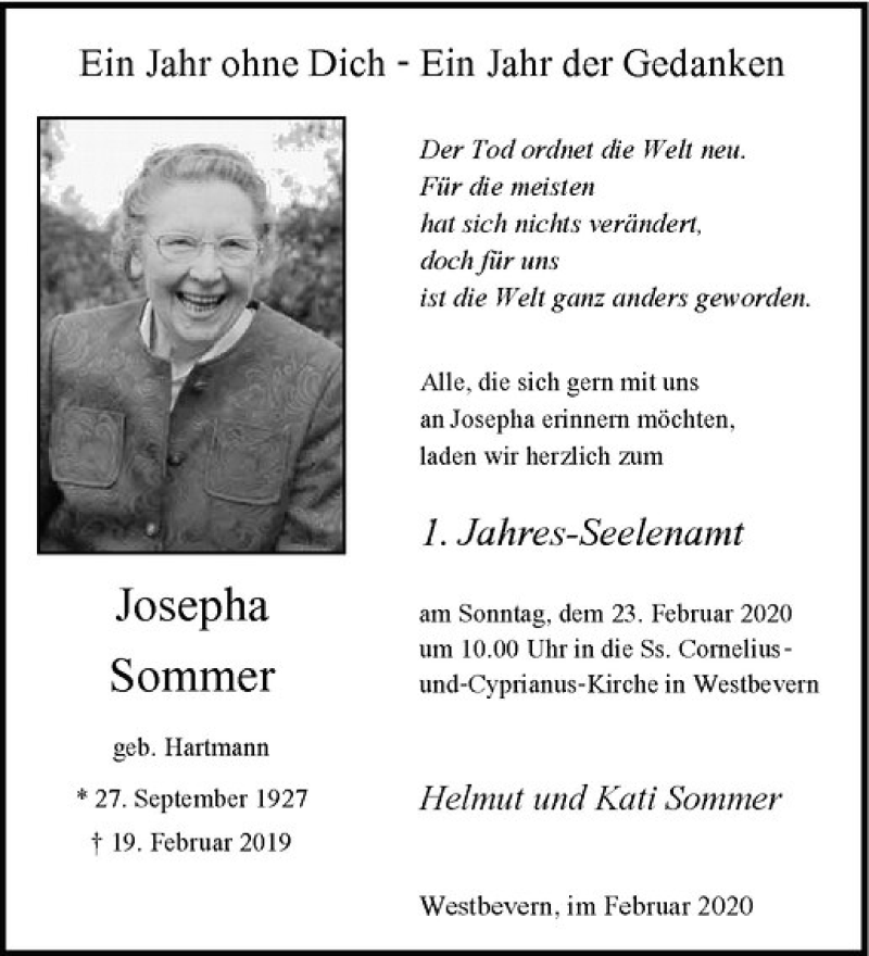  Traueranzeige für Josepha Sommer vom 19.02.2020 aus Westfälische Nachrichten