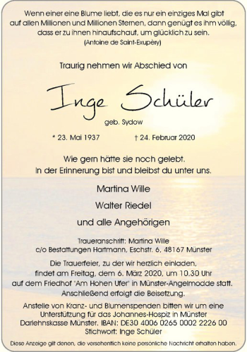 Anzeige von Inge Schüler von Westfälische Nachrichten