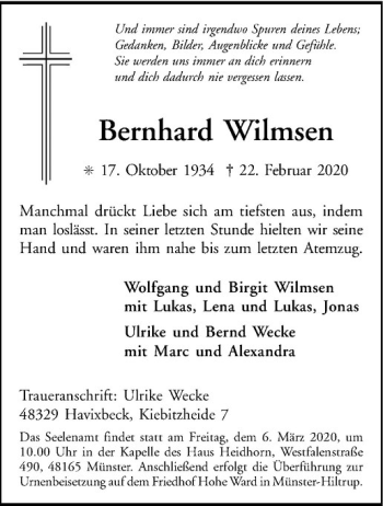 Anzeige von Bernhard Wilmsen von Westfälische Nachrichten