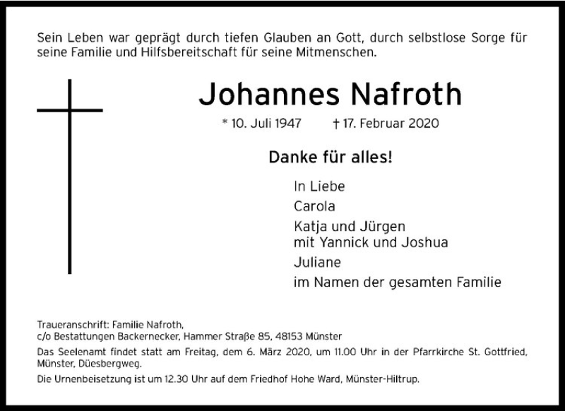  Traueranzeige für Johannes Nafroth vom 26.02.2020 aus Westfälische Nachrichten
