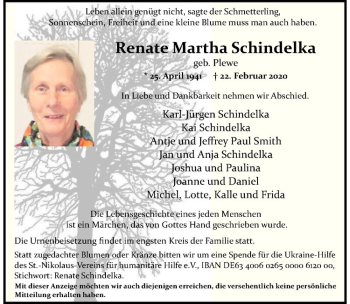 Anzeige von Renate Martha Schindelka von Westfälische Nachrichten