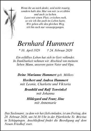 Anzeige von Bernhard Hummert von Westfälische Nachrichten