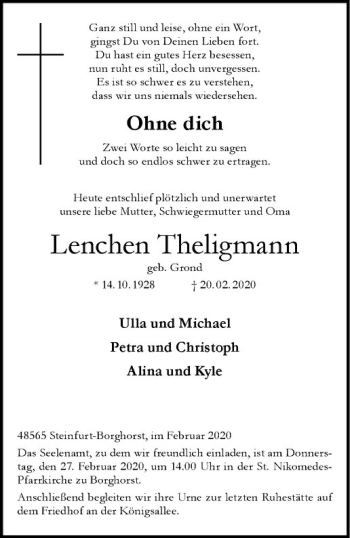 Anzeige von Lenchen Theligmann von Westfälische Nachrichten