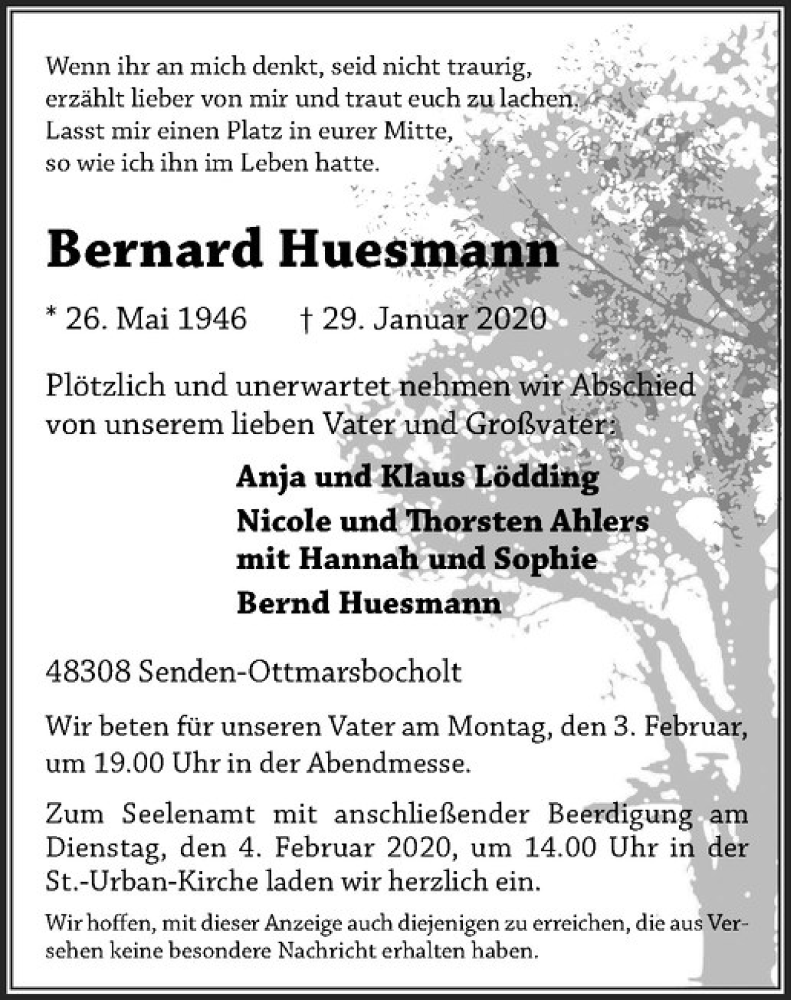  Traueranzeige für Bernard Huesmann vom 01.02.2020 aus Westfälische Nachrichten