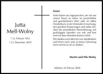 Anzeige von Jutta Mell-Wolny von Westfälische Nachrichten