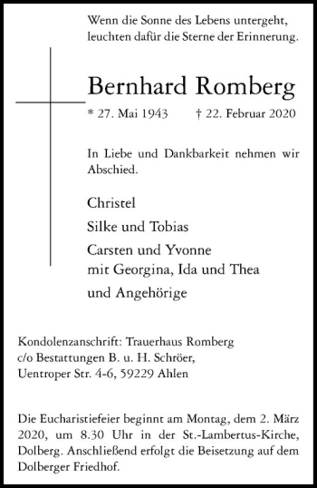 Anzeige von Bernhard Romberg von Westfälische Nachrichten