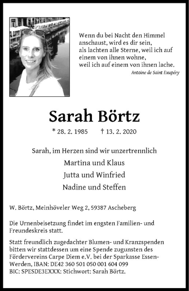  Traueranzeige für Sarah Börtz vom 22.02.2020 aus Westfälische Nachrichten