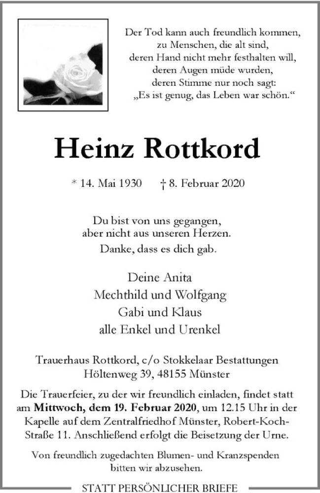  Traueranzeige für Heinz Rottkord vom 13.02.2020 aus Westfälische Nachrichten