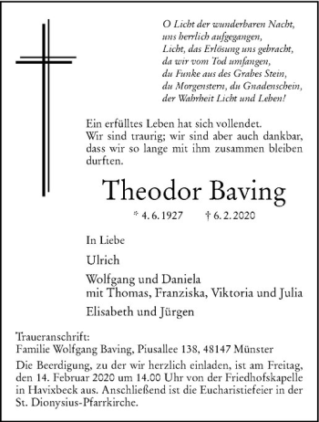 Anzeige von Theodor Baving von Westfälische Nachrichten