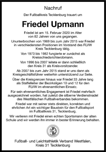 Anzeige von Friedel Upmannn von Westfälische Nachrichten