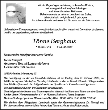 Anzeige von Tönne Berghaus von Westfälische Nachrichten