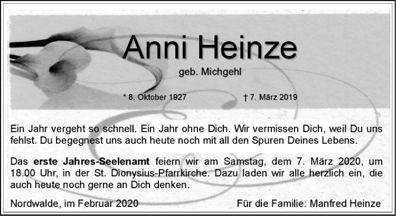 Traueranzeige für Anni Heinze vom 29.02.2020 aus Westfälische Nachrichten