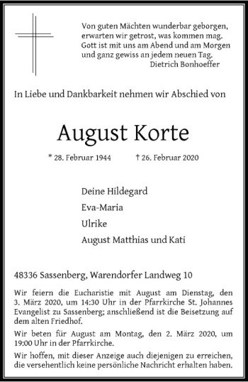 Anzeige von August Korte von Westfälische Nachrichten