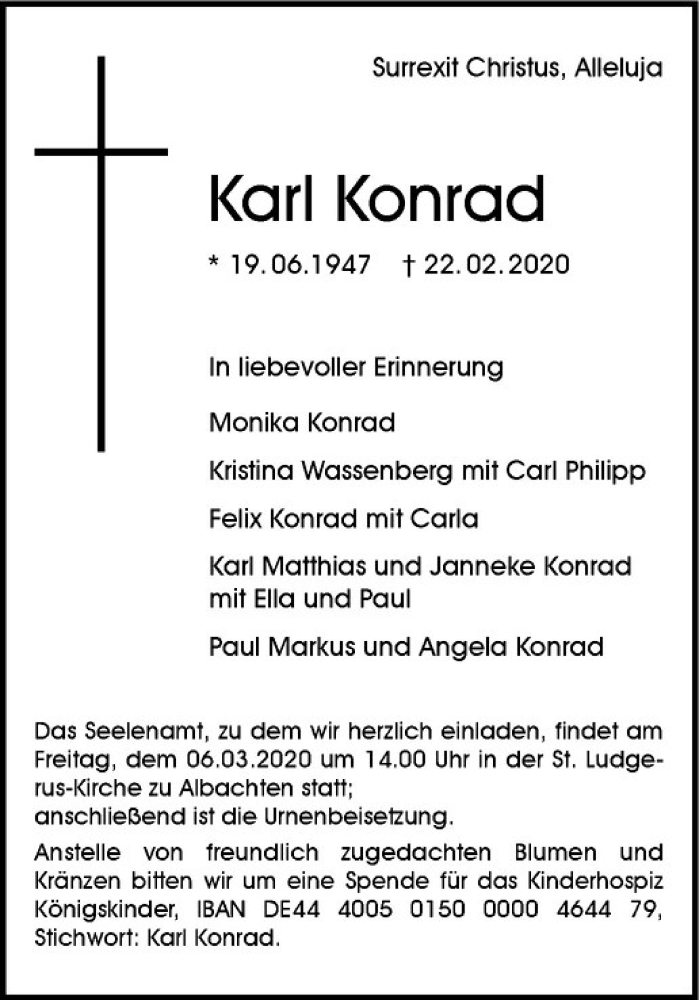  Traueranzeige für Karl Konrad vom 29.02.2020 aus Westfälische Nachrichten