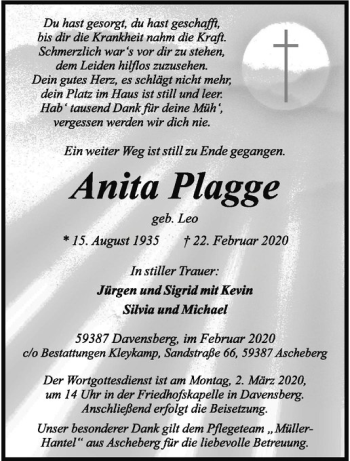 Anzeige von Anita Plagge von Westfälische Nachrichten