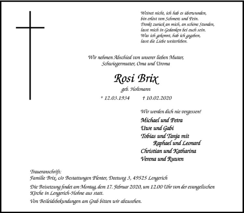  Traueranzeige für Rosi Brix vom 15.02.2020 aus Westfälische Nachrichten