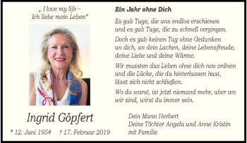 Anzeige von Ingrid Göpfert von Westfälische Nachrichten