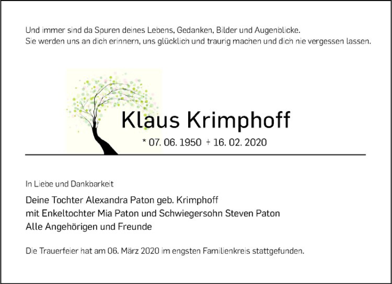  Traueranzeige für Klaus Krimphoff vom 07.03.2020 aus Westfälische Nachrichten