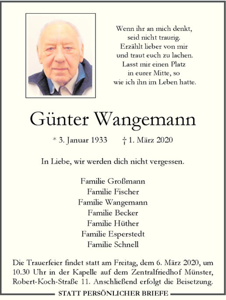  Traueranzeige für Günter Wangemann vom 04.03.2020 aus Westfälische Nachrichten