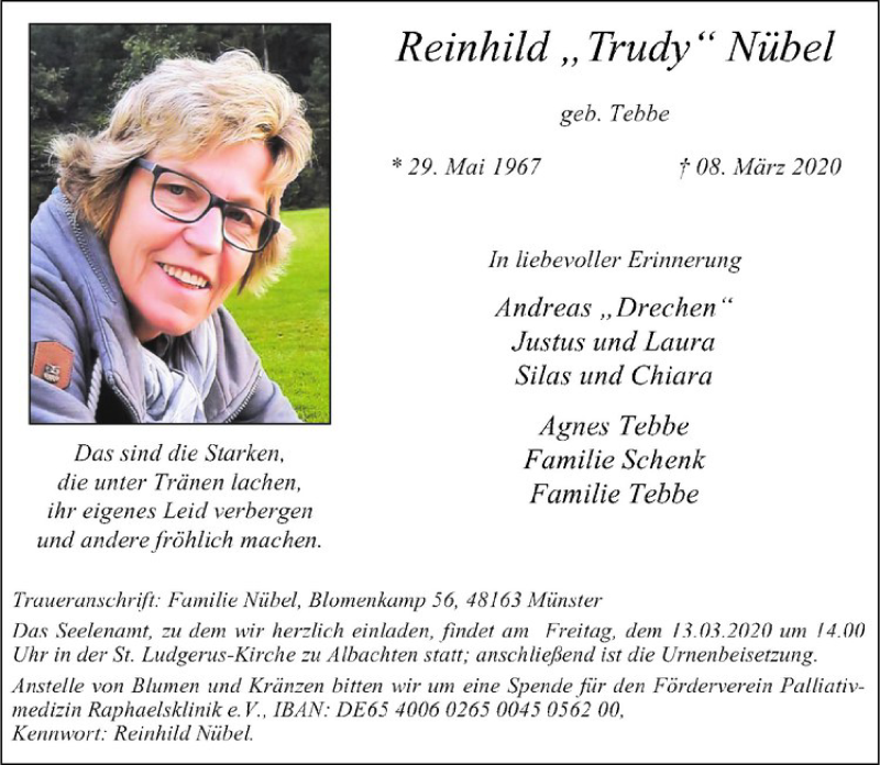  Traueranzeige für Reinhild Nübel vom 11.03.2020 aus Westfälische Nachrichten