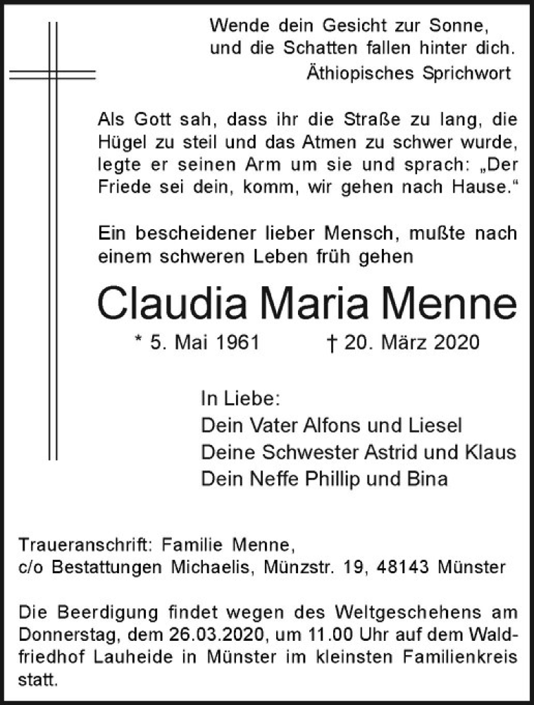  Traueranzeige für Clauda Maria Menne vom 25.03.2020 aus Westfälische Nachrichten