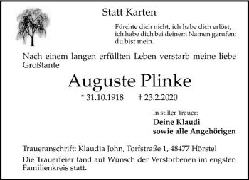 Anzeige von Auguste Plinke von Westfälische Nachrichten