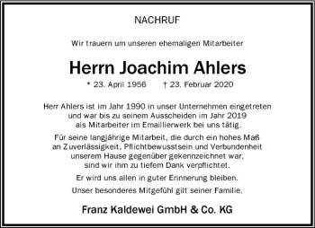 Anzeige von Joachim Ahlers von Westfälische Nachrichten