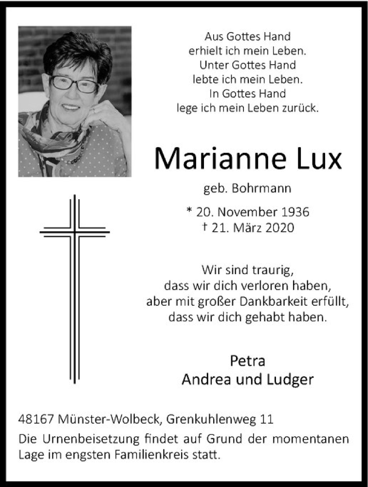  Traueranzeige für Marianne Lux vom 25.03.2020 aus Westfälische Nachrichten