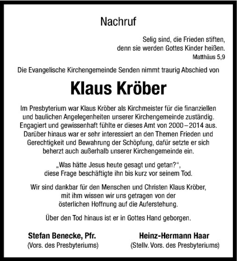  Traueranzeige für Klaus Kröber vom 14.03.2020 aus Westfälische Nachrichten