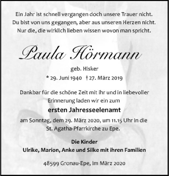 Anzeige von Paula Hörmann von Westfälische Nachrichten