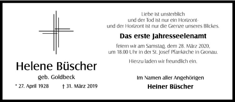  Traueranzeige für Helene Büscher vom 25.03.2020 aus Westfälische Nachrichten