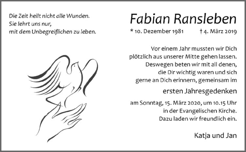  Traueranzeige für Fabian Ransleben vom 11.03.2020 aus Westfälische Nachrichten