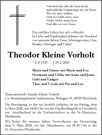 Anzeige von Theodor Kleine Vorholt von Westfälische Nachrichten
