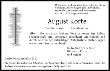 Anzeige von August Korte von Westfälische Nachrichten