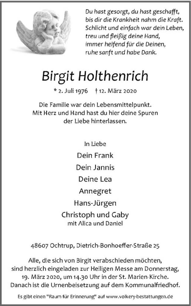  Traueranzeige für Birgit Holthenrich vom 16.03.2020 aus Westfälische Nachrichten