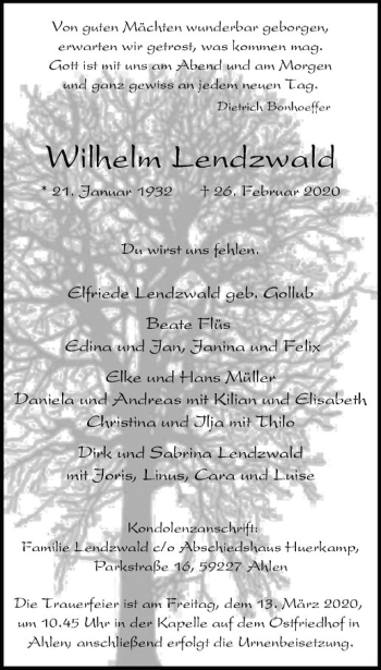 Anzeige von Wilhelm Lendzwald von Westfälische Nachrichten