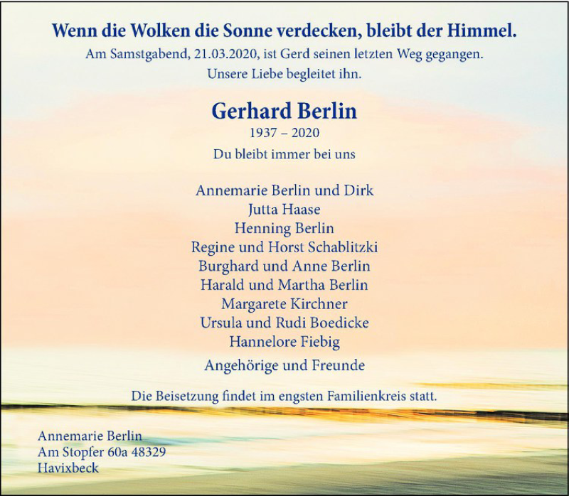  Traueranzeige für Gerhard Berlin vom 28.03.2020 aus Westfälische Nachrichten