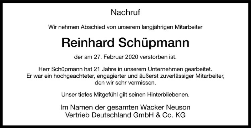 Traueranzeige für Reinhard Schüpmann vom 07.03.2020 aus Westfälische Nachrichten